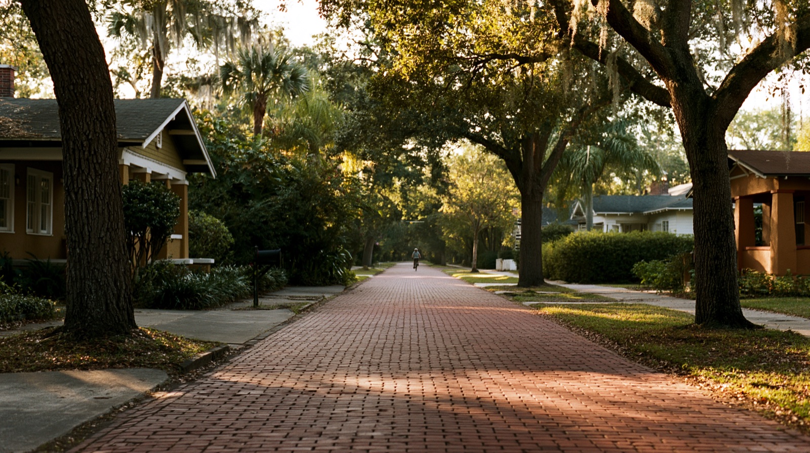 A quiet brick street under oak canopy in Historic Kenwood, St. Petersburg