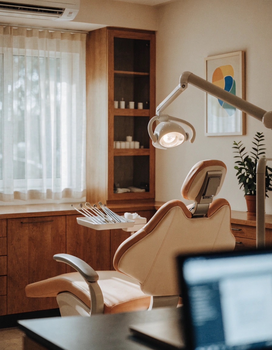 A calm dental treatment room with a modern chair, exam light, and warm wood cabinetry