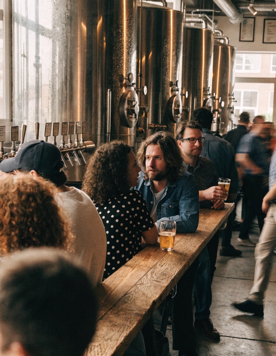 People talking over pints at a brewery taproom bar beside gleaming fermentation tanks