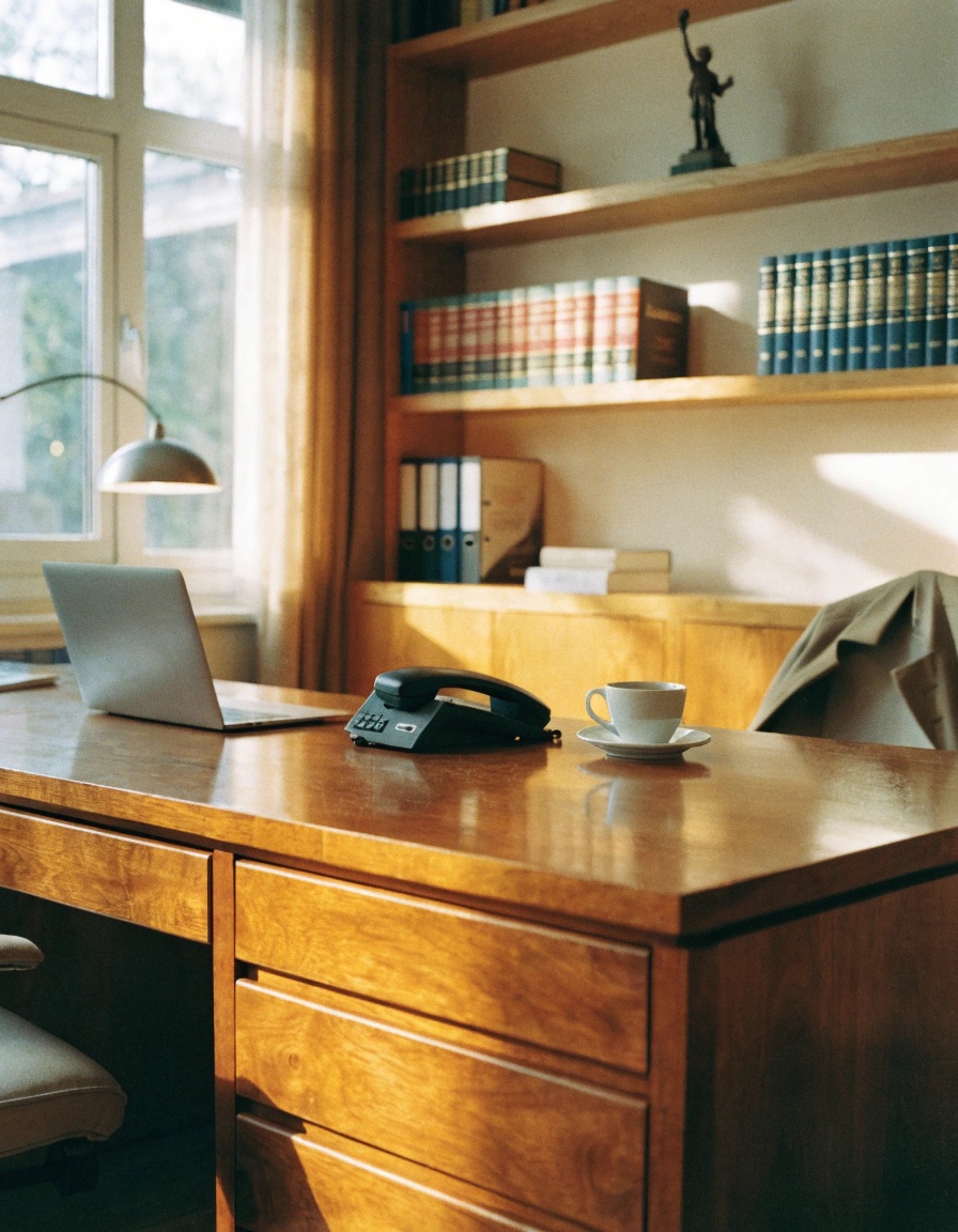 A sunlit law office with a desk, telephone, and shelves of leather-bound law books