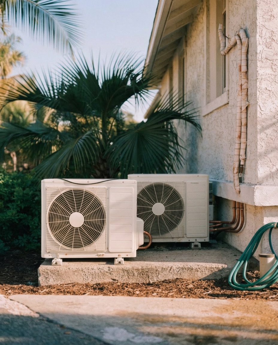 Two air-conditioning condenser units beside a Florida home framed by palms