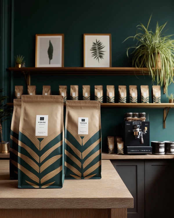 Inside the Verde coffee shop, bags on the counter