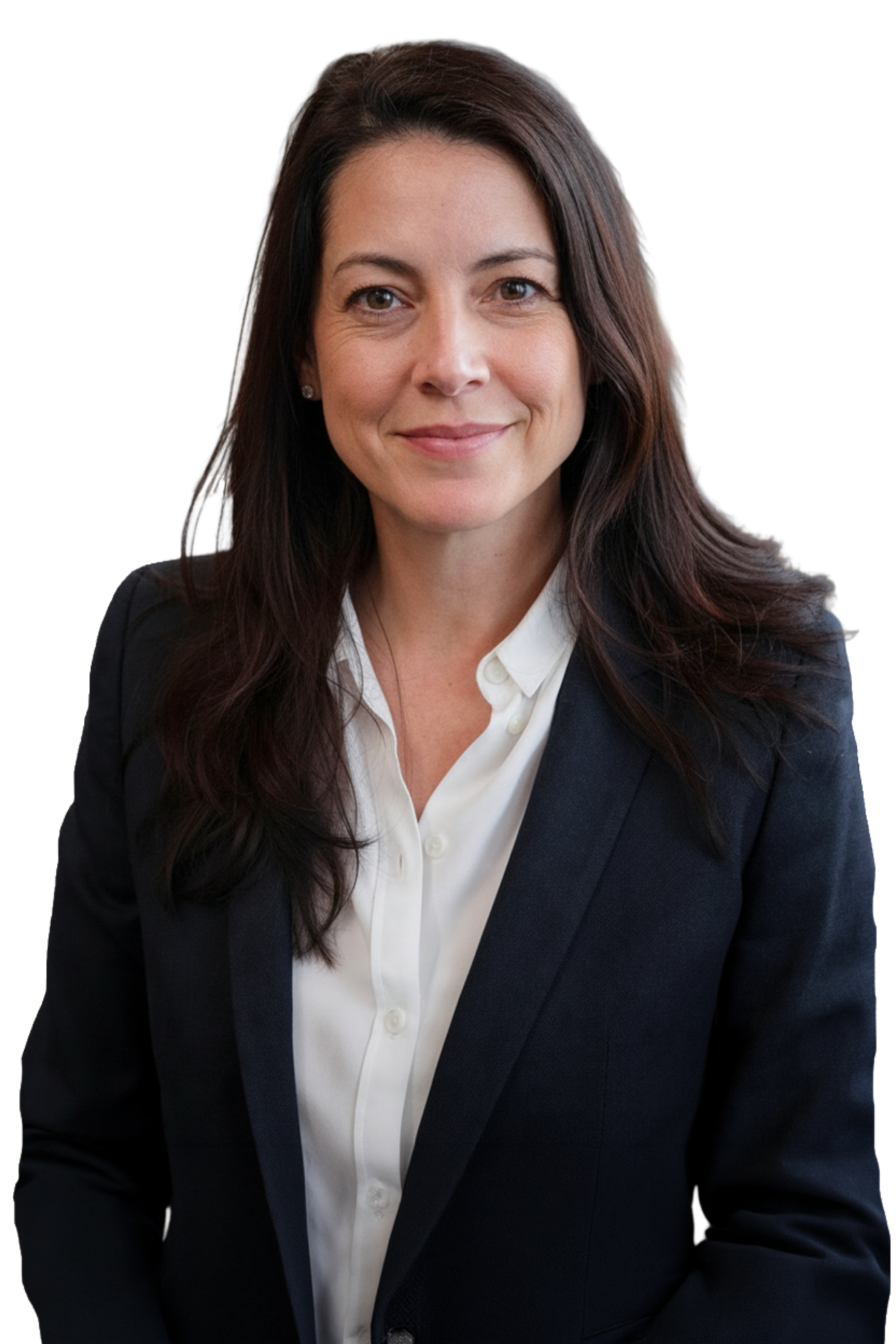 An attorney at a boutique law firm, in her book-lined office
