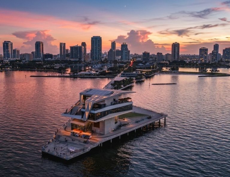 The St. Petersburg Pier and downtown skyline at sunset over Tampa Bay.